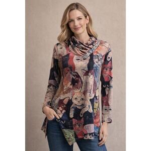 Cestyle Cat Print Tunic Top Womens M Cowl Neck Asymmetrical Boho Shirt